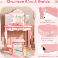 COSTWAY Sminkbord>2 i 1 toalettbord för barn med pall, 3-färgad LED-spegel, hopfällbart äkta glas, låda, rosa