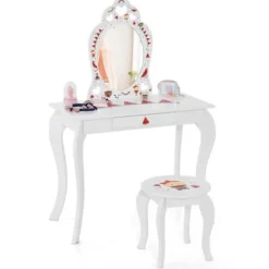 COSTWAY Sminkbord>2 i 1 toalettbord för barn med pall och avtagbar spegel, sminkbord med låda och anti-tilt-enhet