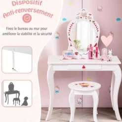 COSTWAY Sminkbord>2 i 1 toalettbord för barn med pall och avtagbar spegel, sminkbord med låda och anti-tilt-enhet