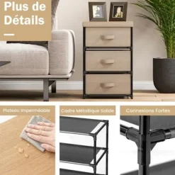 COSTWAY Småbord>3 lådor Tyg byrå 40 x 30 x 62 cm, med metallram, förvaringslådskåp för sovrum, industri, café