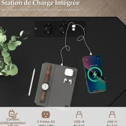 COSTWAY Kontorsmöbler>168 x 125 cm hörnskrivbord med CPU-hållare, 2 eluttag och USB- och typ C-port, robust metallram, svart