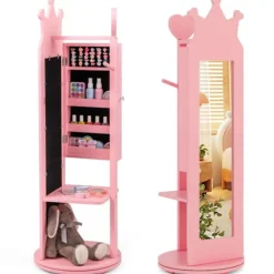 COSTWAY Sminkbord>Barnsmycken Garderob Vridbar, Fristående spegel, Stor förvaringskapacitet, Klädställ, Krokar, Rosa