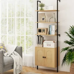 COSTWAY Hyllor>Bibliotek Hylla Stege med 6 Nivåer och Rattanförvaring, Metallram, för Vardagsrum Sovrum Kontor, 30x60x180cm