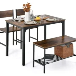 COSTWAY Matgrupper>bord och 2 stolar 1 bänkset - 4 personer, industriell stil, metallkonstruktion för matsal, restaurang, kök