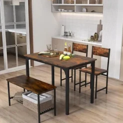 COSTWAY Matgrupper>bord och 2 stolar 1 bänkset - 4 personer, industriell stil, metallkonstruktion för matsal, restaurang, kök