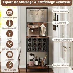 COSTWAY Köksö>Buffé med Glasstöd, Stöd och Krokar för Vinflaskor, Vinbar för Vardagsrum Pub