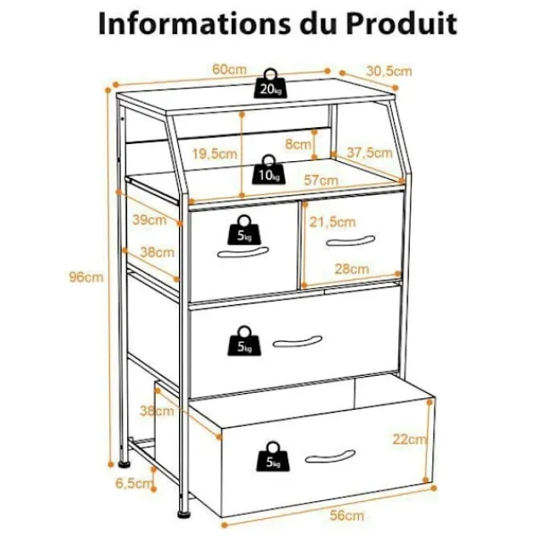 COSTWAY Byråer>byrå med 4 avtagbara tyglådor, industriell stil, förvaringsenhet med översta hyllan och justerbara fötter