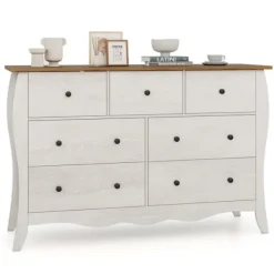 COSTWAY Byråer>byrå med 7 hopfällbara tyglådor, träskiva, rustik förvaringsenhet för sovrum, vardagsrum, grå