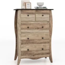 COSTWAY Skåp>byrå med 5 hopfällbara tyglådor, träskiva, rustik förvaringsenhet för sovrum, vardagsrum, brun