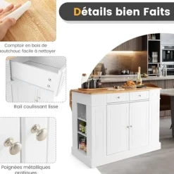 COSTWAY Köksö>Central Island Kök med lådor och 2 dörrar 120x61x92cm Köksvagn med justerbar hylla, sidohyllor