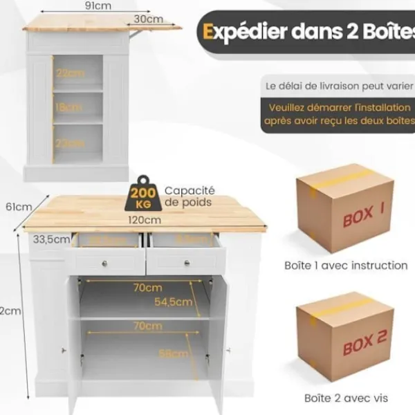 COSTWAY Köksö>Central Island Kök med lådor och 2 dörrar 120x61x92cm Köksvagn med justerbar hylla, sidohyllor