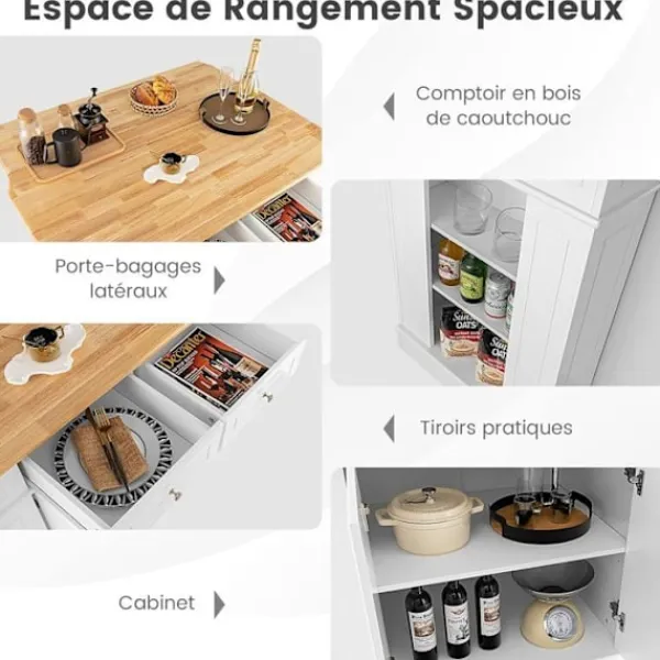 COSTWAY Köksö>Central Island Kök med lådor och 2 dörrar 120x61x92cm Köksvagn med justerbar hylla, sidohyllor