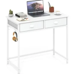 COSTWAY Kontorsmöbler>Dator skrivbord med 2 tyglådor - 4 hängande krokar 90 x 45 x 75 cm - Metallram för vardagsrum och sovrum
