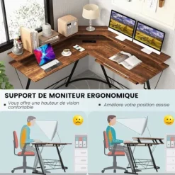 COSTWAY Kontorsmöbler>datorhörnskrivbord - bildskärmsställ, eluttag, tangentbordsbricka, hörlurskrok, brun
