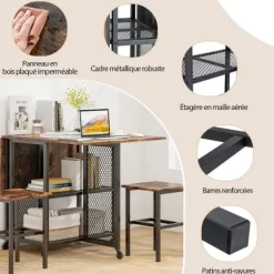 COSTWAY Matgrupper>3-delat hopfällbart matbordsset med 2 pallar, låshjul, 2 hyllor, för små utrymmen