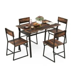 COSTWAY Matgrupper>5-delat matbordsset med 4 industristolar, förvaringshylla, metallstomme, 110 x 70 x 75 cm