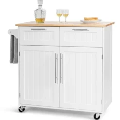 COSTWAY Köksö>Desserte/Chariot de Kök med Rullhjul - 94x45x94,5 CM - 2 Lådor - 2 Dörrar - Handdukshållare - Kökö - Vit