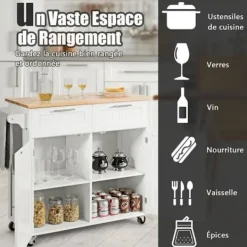 COSTWAY Köksö>Desserte/Chariot de Kök med Rullhjul - 94x45x94,5 CM - 2 Lådor - 2 Dörrar - Handdukshållare - Kökö - Vit