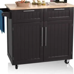 COSTWAY Köksö>Desserte/Chariot de Cuisine à Roulettes - 94x45x94,5 CM - 2 Lådor - 2 Dörrar - Handdukshållare - Kök Ö - Kaffe