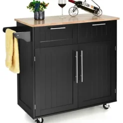 COSTWAY Köksö>Desserte/Chariot för Kök med Hjul - 94x45x94,5 CM - 2 Lådor - 2 Dörrar - Hängare för Hushållspapper - Kökshylla - Svart