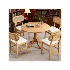 COSTWAY Matgrupper>Ensemble 5 Delar Runt Matbord i Trä och 4 Stolar i Syntetläder med Rottingsryggstöd för 4 Personer