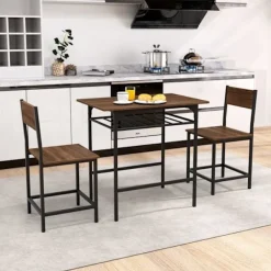 COSTWAY Matgrupper>Ensemble Bord och Stolar för Matplats för 2 Personer - Metallram, Brun Hylla