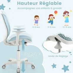 COSTWAY Kontorsmöbler>Ergonomisk vridbar kontorsstol för barn 6-15 år, 5 bromshjul, justerbar sitshöjd 43-55 cm,