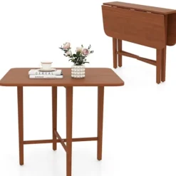 COSTWAY Matbord>Fällbart Fyrkantigt Matbord i Trä för 2-4 Personer med 2 Fällbara Paneler 90 x 90 x 74,5 cm