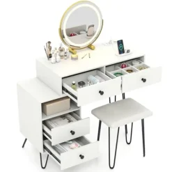 COSTWAY Sminkbord>Friseringsbord och Snurrbar Pall, Justerbar Spegel och Belysning, Laddstation, 4 Utdragbara Lådor, Öppen Avdelning