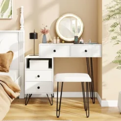 COSTWAY Sminkbord>Friseringsbord och Snurrbar Pall, Justerbar Spegel och Belysning, Laddstation, 4 Utdragbara Lådor, Öppen Avdelning