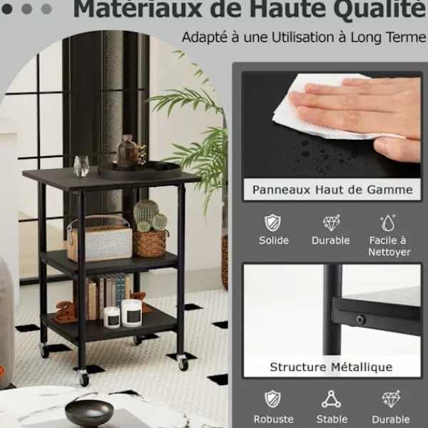 COSTWAY Kontorsmöbler>Förvaringshylla för Skrivare, Scanner, Fax med 3 nivåer, Låsbara hjul 49 x 40 x 65/77 cm (L x B x H) Svart