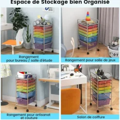 COSTWAY Kontorsmöbler>förvaringstorn på hjul - 6 avtagbara lådor 34 x 43,5 x 76 CM A4-storlek och brevvagn i regnbågsfärg