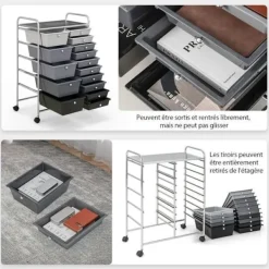 COSTWAY Kontorsmöbler>förvaringstorn på hjul - 15 svarta och gråa avtagbara lådor, 63 x 37 x 87 CM, A4- och Letter-storlek, Silverram
