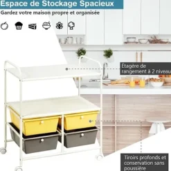 COSTWAY Hyllor>förvaringstorn, vagn på hjul - 4 lådor och 2 hyllor 63,5 x 37 x 75 CM metallram i gul och brun färg