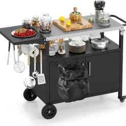 COSTWAY Köksö>Grillvagn med Förvaring, Fällbar Plåt i Rostfritt Stål, 6 Krok, Skåp med 2 Dörrar, för Picknick