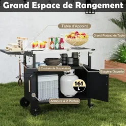 COSTWAY Köksö>Grillvagn med Förvaring, Fällbar Plåt i Rostfritt Stål, 6 Krok, Skåp med 2 Dörrar, för Picknick