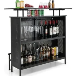 COSTWAY Sideboards>Home Barbord med 2 vinhyllor och 6 glashållare, metallfotstöd, 7 justerbara ben,