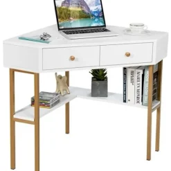 COSTWAY Kontorsmöbler>Hörnbord - 2 lådor och 1 hylla - B 70,5 x D 70,5 x H 75 CM - Modern Scandinavian - datorbord