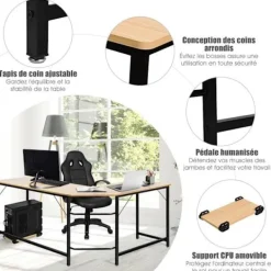 COSTWAY Kontorsmöbler>Hörnskrivbord i industriell stil Spelbord av trä med 6 justerbara ben Naturmetall Separat stöd, 168x125x74 cm