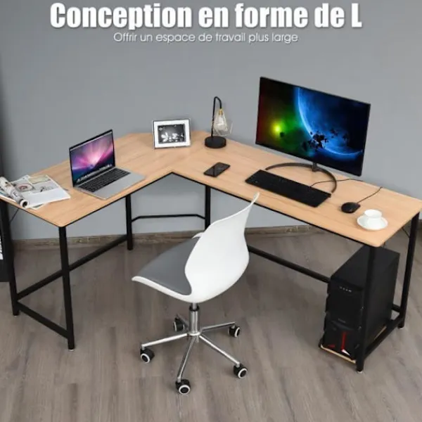 COSTWAY Kontorsmöbler>Hörnskrivbord i industriell stil Spelbord av trä med 6 justerbara ben Naturmetall Separat stöd, 168x125x74 cm