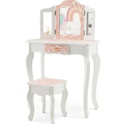 COSTWAY Sminkbord>2-i-1 sminkbord för 3-7 åringar med löstagbar 3-faldig spegel, sminkbord med pall och låda, rosa
