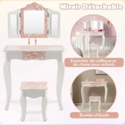 COSTWAY Sminkbord>2-i-1 sminkbord för 3-7 åringar med löstagbar 3-faldig spegel, sminkbord med pall och låda, rosa