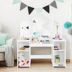 COSTWAY Sminkbord>2-i-1 sminkbord för barn med avtagbar spegel, barnskrivbord med 4 hyllor i prinsessstil för flickor,