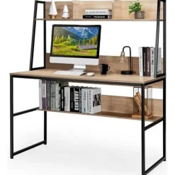 COSTWAY Kontorsmöbler>Industriskrivbord med förvaringsbokhylla, 120 x 57 x 140 cm, naturligt