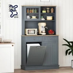 COSTWAY Sideboards>Kök Buffé med Dubbel Lutande Soptunna 38L, Gummiträ Bänk, Justerbara Hyllor, Förvaringsskåp