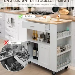 COSTWAY Köksö>Kökö med Rullhjul (2 Låsbara) 82x46x92cm Kökö Med 3 Kryddburkar