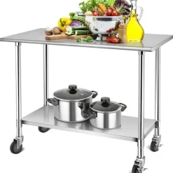 COSTWAY Köksö>Köksbord i rostfritt stål med låsbara hjul 122x61x90cm Justerbara nedre hyllor Bänkskiva