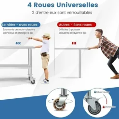 COSTWAY Köksö>Köksbord i rostfritt stål med låsbara hjul 122x61x90cm Justerbara nedre hyllor Bänkskiva