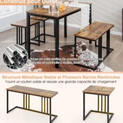COSTWAY Matgrupper>köksbordsset - 2 bänkar - 2 pallar, industriell stil, rustik brun och svart metallstomme