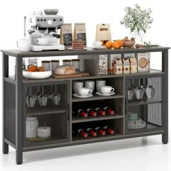 COSTWAY Sideboards>Köksskänk - 8 flaskvinställ, 6 rader med glashållare, 2 dörrar - Matsal, Vardagsrum - Grå